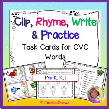 Preview of Clip, Rhyme, Write and Practice CVC Task Cards #digitallearning
