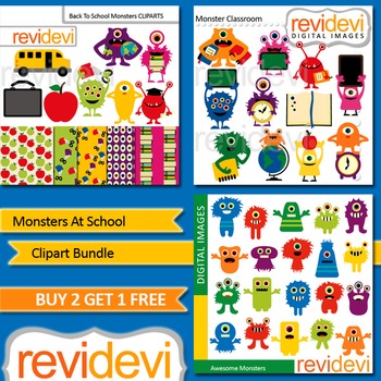Preview of Back to school clipart bundle (3 packs). Cute monsters at school