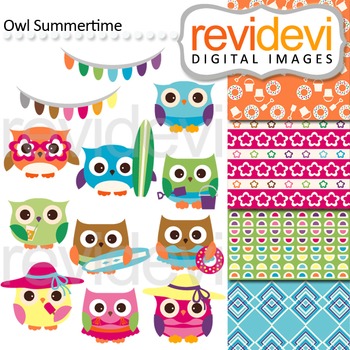 Preview of Clip art: Owl summertime (cute owls, surf boards, summer) clipart