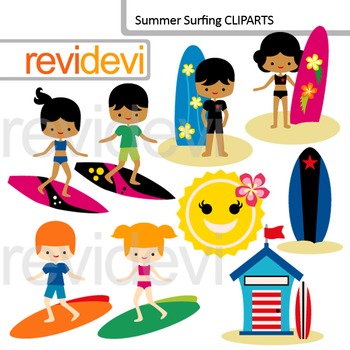 Preview of Clip art Surfs up - summer surfing - kids with surf boards cliparts