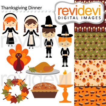 Preview of Clip art Thanksgiving Dinner (pilgrim, turkey, boys, girls) clipart 08128