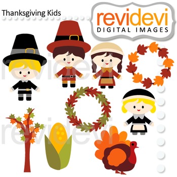 Preview of Clip art Thanksgiving Kids (pilgrim, boys, girls, turkey) clipart 08130