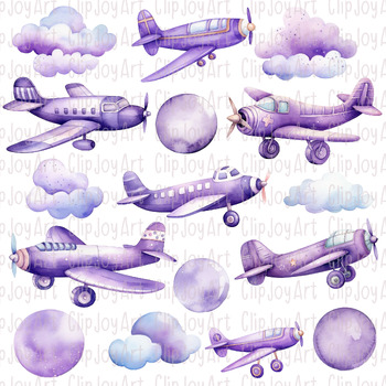 Preview of ClipJoyArt Watercolor Purple Airplane Clip Art Cute Digital Files