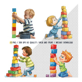 Clipart 2 Year Old Boy Stacking Blocks Very High, Child De