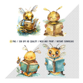 Clipart Bee Reading Book Smiling, Watercolor Bee Learning,