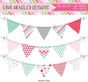 Clipart - Bunting Banner Flags Blue Red Pink Gray by Erin Bradley Designs