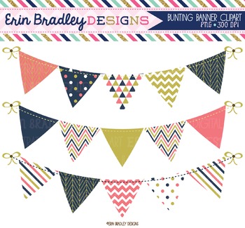 Clipart Bunting - Coral Navy Blue & Gold by Erin Bradley Designs