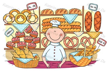 Preview of Clipart - Cartoon baker selling bread and buns at the bakery