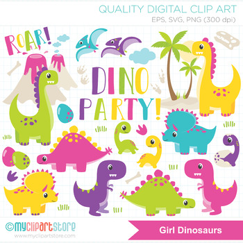Preview of Girl Dinosaur Clipart, Dino Fun, Pink Dino, Dino SVG, T-rex, Bright Colors