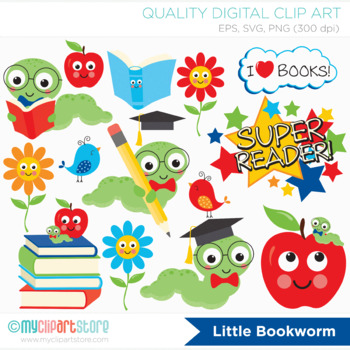 Preview of Little Book Worm Clipart, back to school, reading and composition, rewards