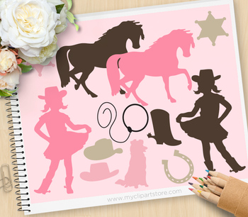 Preview of Little Cowgirl Clipart Silhouettes, wild west, western