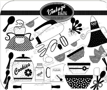 Preview of SALE- Retro Vintage Kitchen Black and White Clip art