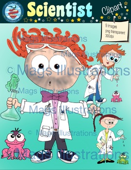 Preview of Clipart Scientist, handmade science illustrations, boy girl and frog science