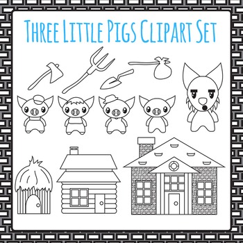 Three Little Pigs Clip Art Pack Black and White by Hidesy's Clipart