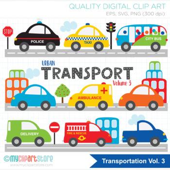 Preview of Transportation Clipart, City Vehicles, Taxi, Bus, Car, Primary Colors, Vol. 3