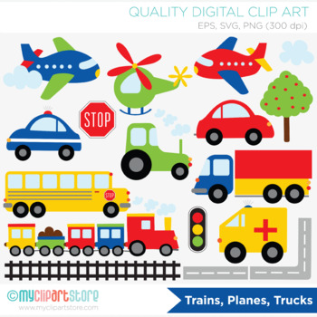 Preview of Clipart - Transportation - Trains Planes and Trucks (Primary Colors)