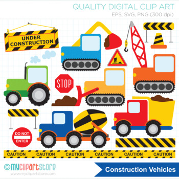Preview of Transportation Clipart, Construction Vehicles, Dump Truck, Primary Colors