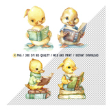 Clipart Watercolor Baby Duck Reading Book,Cute Duck Learni