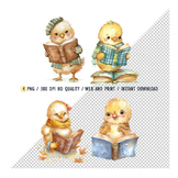 Clipart Watercolor Chicken Reading Book, Baby ChickenLearn