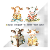 Clipart Watercolor Cute Cow Reading Book, Baby Cow Learnin