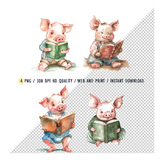 Clipart Watercolor Pig Reading Book, Cute Pig Learning, Pi