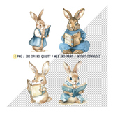 Clipart Watercolor Rabbit Reading Book,Cute Rabbit Learnin