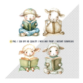 Clipart Watercolor Sheep Reading Book,Cute Sheep Learning,