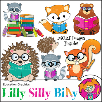 Preview of Clipart Woodland Animals Reading {Lilly Silly Billy}