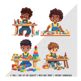 Clipart Young Boy Overalls Sitting Table with Toys, Kids P