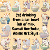 Clipart of Cat drinking from a cat bowl full of milk, Kawa