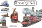 Clipart of train, watercolor railroad clipart, vintage tra
