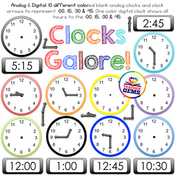 Preview of Clock Clipart - Analog, Digital, Clock Parts, :00, :15, :30, :45 for Every Hour!