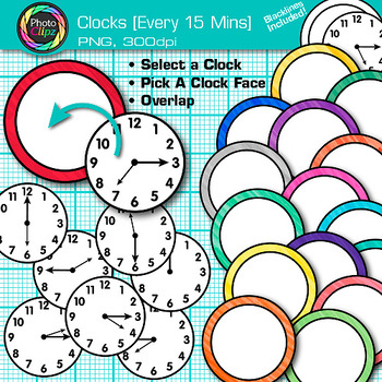 Preview of Clock Clipart Every 15 Minutes: 66 School Analog Telling Time Clip Art, PNG B&W