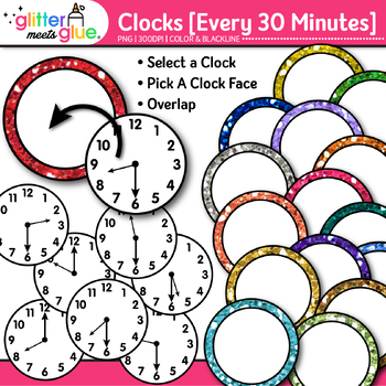 Preview of Clock Clipart Every 30 Minutes: 42 School Analog Telling Time Clip Art, PNG B&W