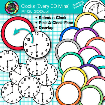 Preview of Clock Clipart Every 30 Minutes: 42 School Analog Telling Time Clip Art, PNG B&W