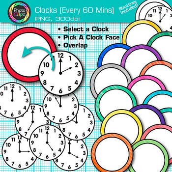Preview of Clock Clipart Every 60 Minutes: 30 School Analog Telling Time Clip Art, PNG B&W