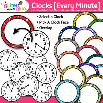 Preview of Clock Clipart Every Minute: 738 School Analog Telling Time Clip Art, PNG B&W