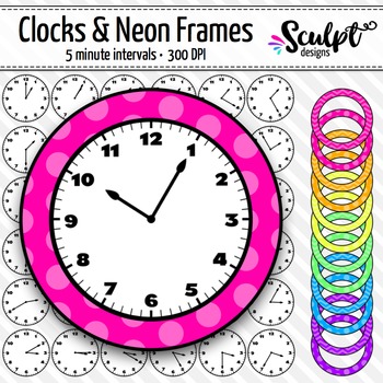 Preview of Clock Clip Art ~ Every 5 Minutes ~ With Neon Frames