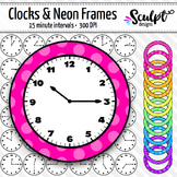 Clock Faces Clip Art ~ Every 15 Minutes ~ With Neon Frames
