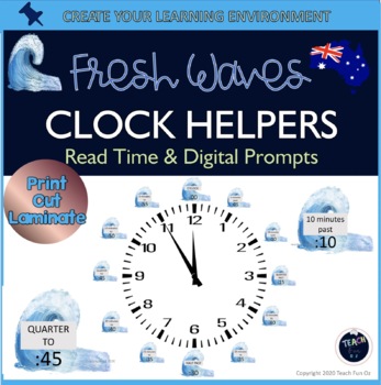 Preview of Clock Labels Helpers for Reading Time Fresh Waves Beach Theme QLD Font Maths