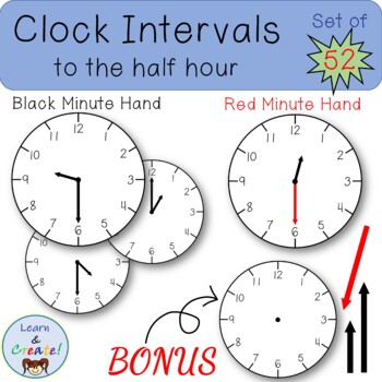 Preview of Clock Intervals to the Half Hour Clip Art - Set of 52! Red Minute Hand Available