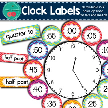 Preview of Clock Labels Chevron Themed Clock Labels in Vibrant Colors
