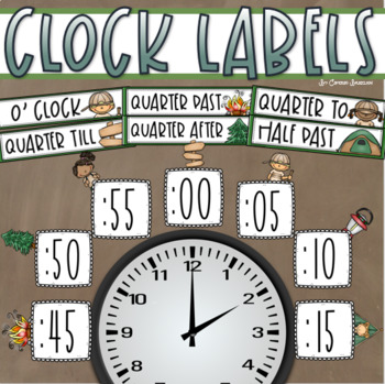 Preview of Clock Labels Telling Time Camping Camp Out Theme