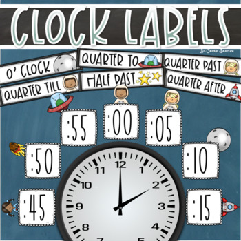 Preview of Clock Labels Telling Time Outer Space Theme