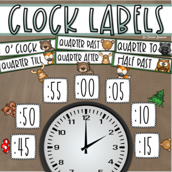 Preview of Clock Labels Telling Time Woodland Animals Forest Theme