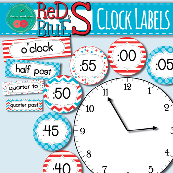 Preview of Clock Labels in Red and Blue Cat Inspired 