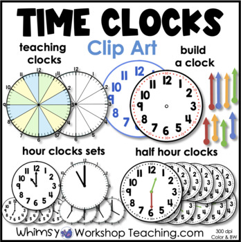 Preview of Clocks Time Clip Art | Hour Half Hour Math Images Color Black White