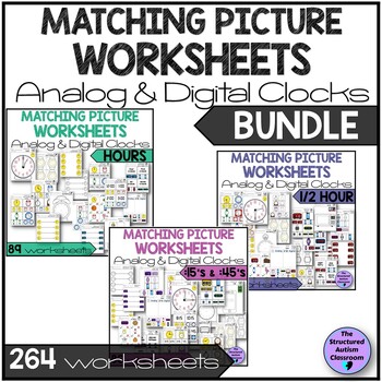 Preview of Clocks and Time Activities Matching Worksheets Analog Digital BUNDLE SPED
