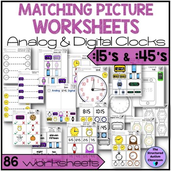 Preview of Clocks and Time QUARTER HOURS Analog/ Digital Matching Worksheets Special Ed