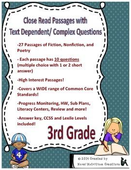 Preview of 27 Close Read Comprehension Passages with Text Dependent Questions - 3rd Grade